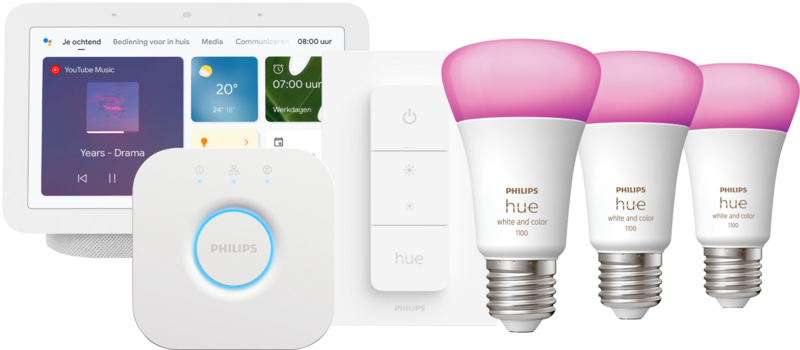 Philips Hue White and Color Starterpack E27 Dreierpack + Dimmer + Bridge + Google Nest Hub 2