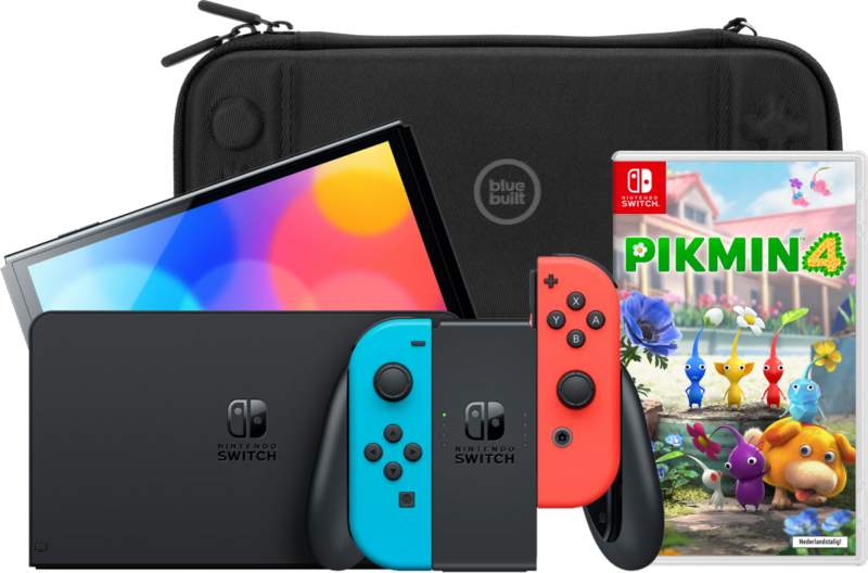 Nintendo Switch OLED Rood/Blauw + Pikmin 4 + BlueBuilt Beschermhoes