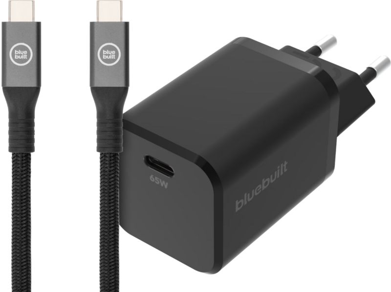 BlueBuilt Power Delivery Universele Oplader 65W + usb C oplaadkabel (2m) Zwart