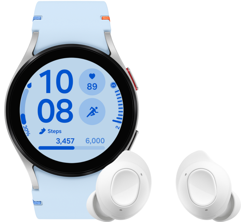 Samsung Galaxy Watch FE Silber/Blau + Buds FE Weiß